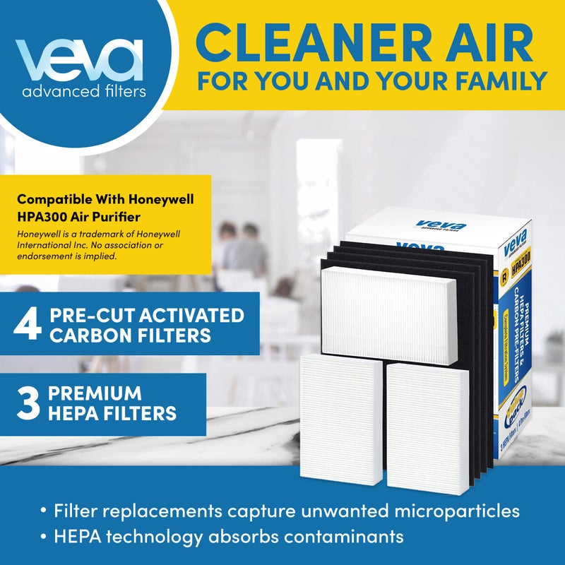 VEVA فلتر HEPA بديل VEVA HPA300 متوافق مع جهاز تنقية الهواء من هوني ويل - عبوة 3 فلاتر HEPA مع 4 فلاتر كربون نشط مقطعة مسبقًا وفلتر بديل R - Image 2